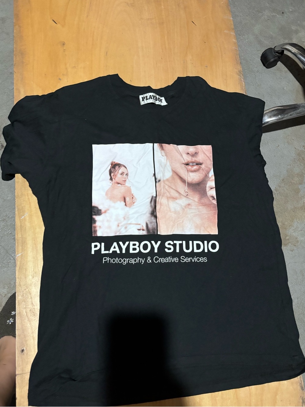 PLAYBOY Black Graphic Tee with Two-Panel Photo Print